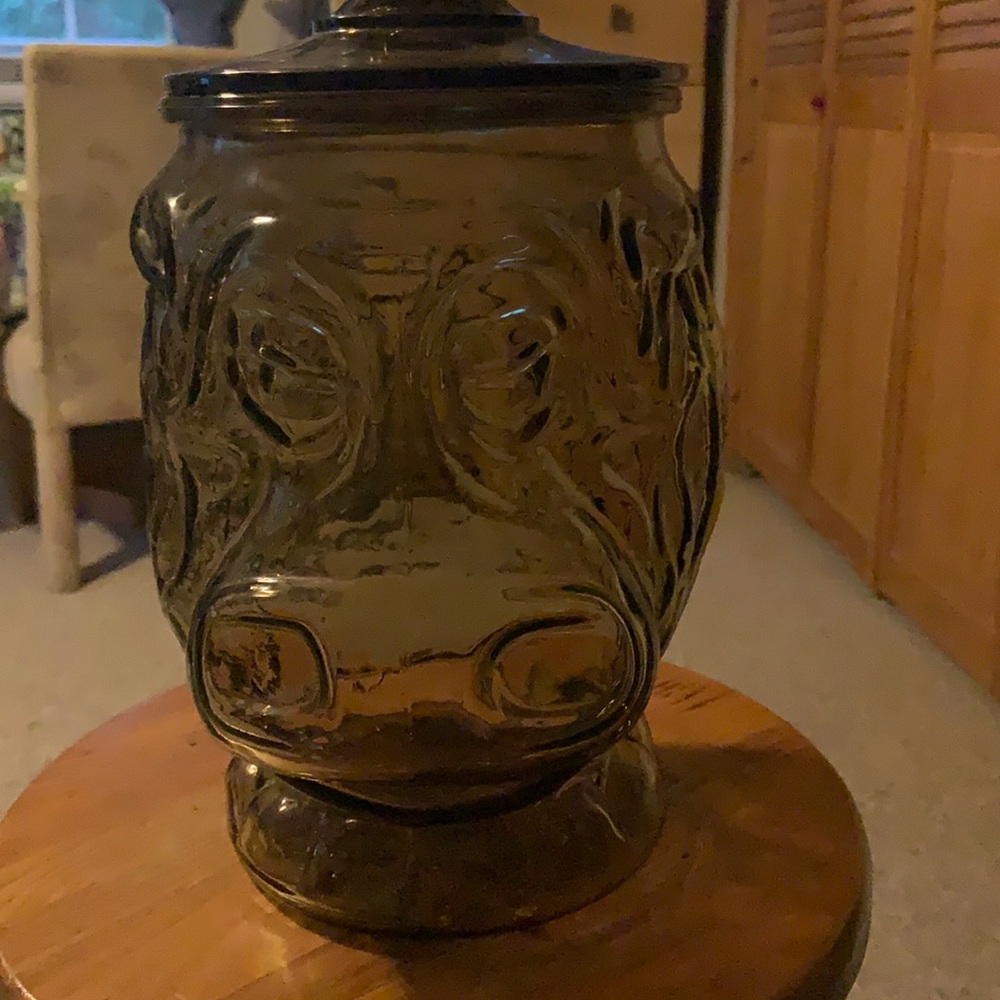 Libbey HOUSE HIPPO COOKIE JAR Smokey quartz color glass 70’s vintage nice
